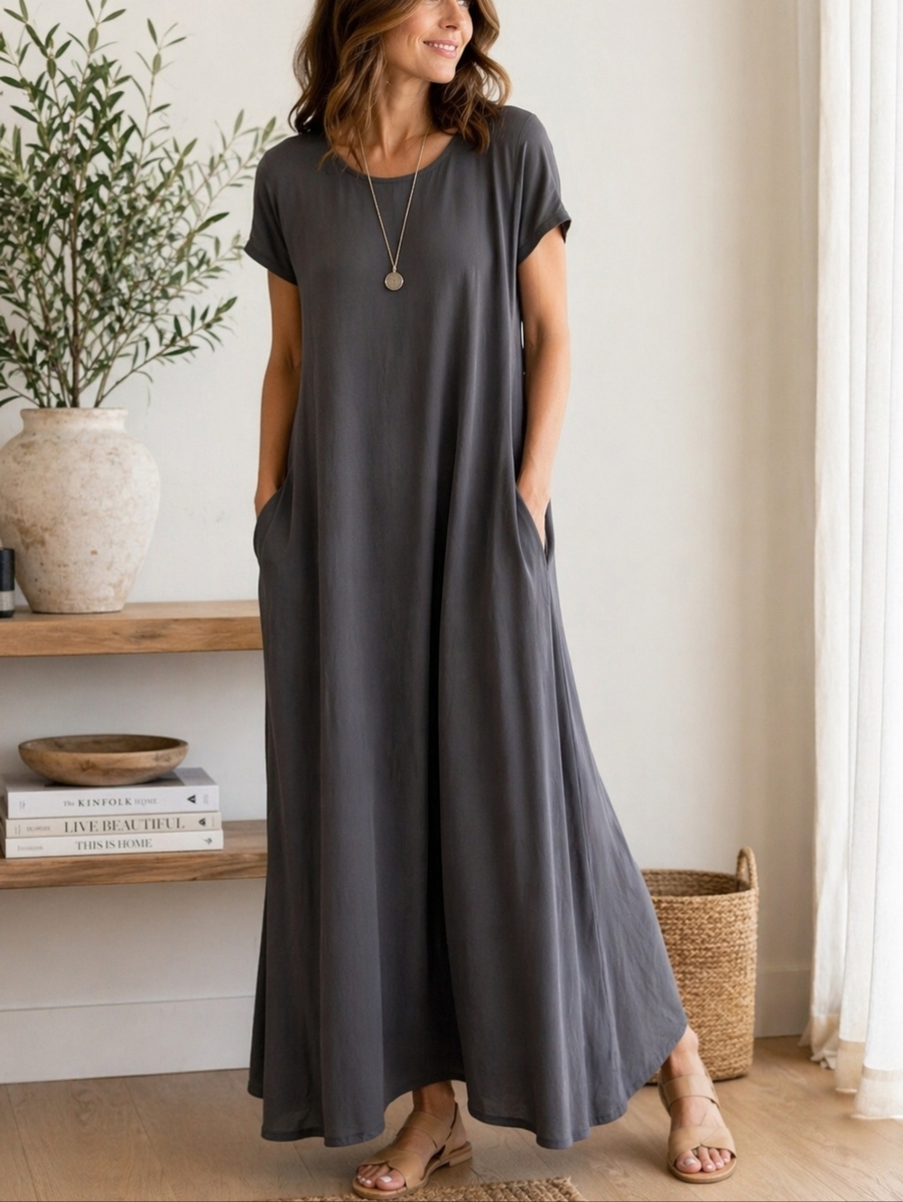 Pure Jill L Charcoal Maxi Dress Lagenlook Minimalist Pockets EcoVero Flowy